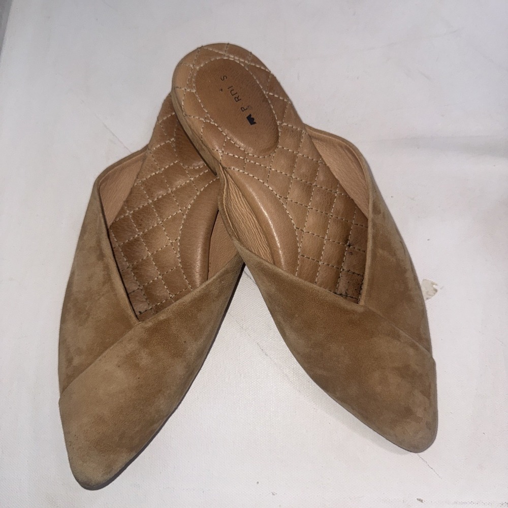 Birdies Pointed Toe Swan Quilted Insole Flat Mule Golden Tan Suede Shoes Size 8